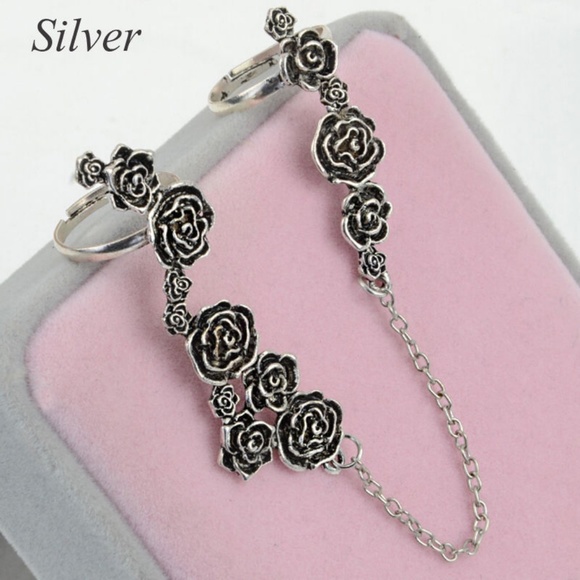 Antique Silver Floral Chain Boho Festival Ring Set - Picture 3 of 3